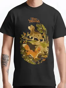MenS Casual Black T-Shirt with Fox and Hound Nature Design - Soft Round Neck Short Sleeve Tee for All Seasons, Perfect for Outdoor Activities, Allseason Apparel Naturethemed Shirt Comfortable Fit, Weekend Outfit, Geometric Pattern, Easy Care Fabric
