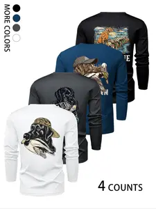 Men's Casual Long Sleeve Round Neck T-Shirt Set, Spring Fashion Animal Dog Print, Fitted Design, Outdoor Fitness Wear, Athletic Sports Clothing