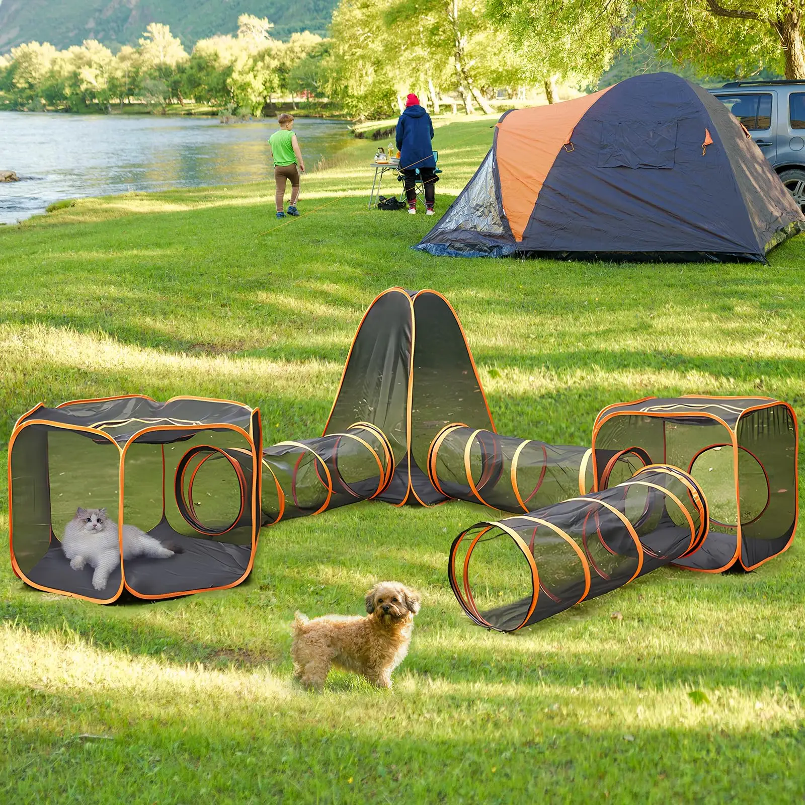 Outdoor Cat Enclosures, 6-in-1 Outdoor Cat Tent with Cat Tunnel DIY in Multiple Ways, Cat Playpen Play Tents for Cats Rabbits Ferrets and Small Animal