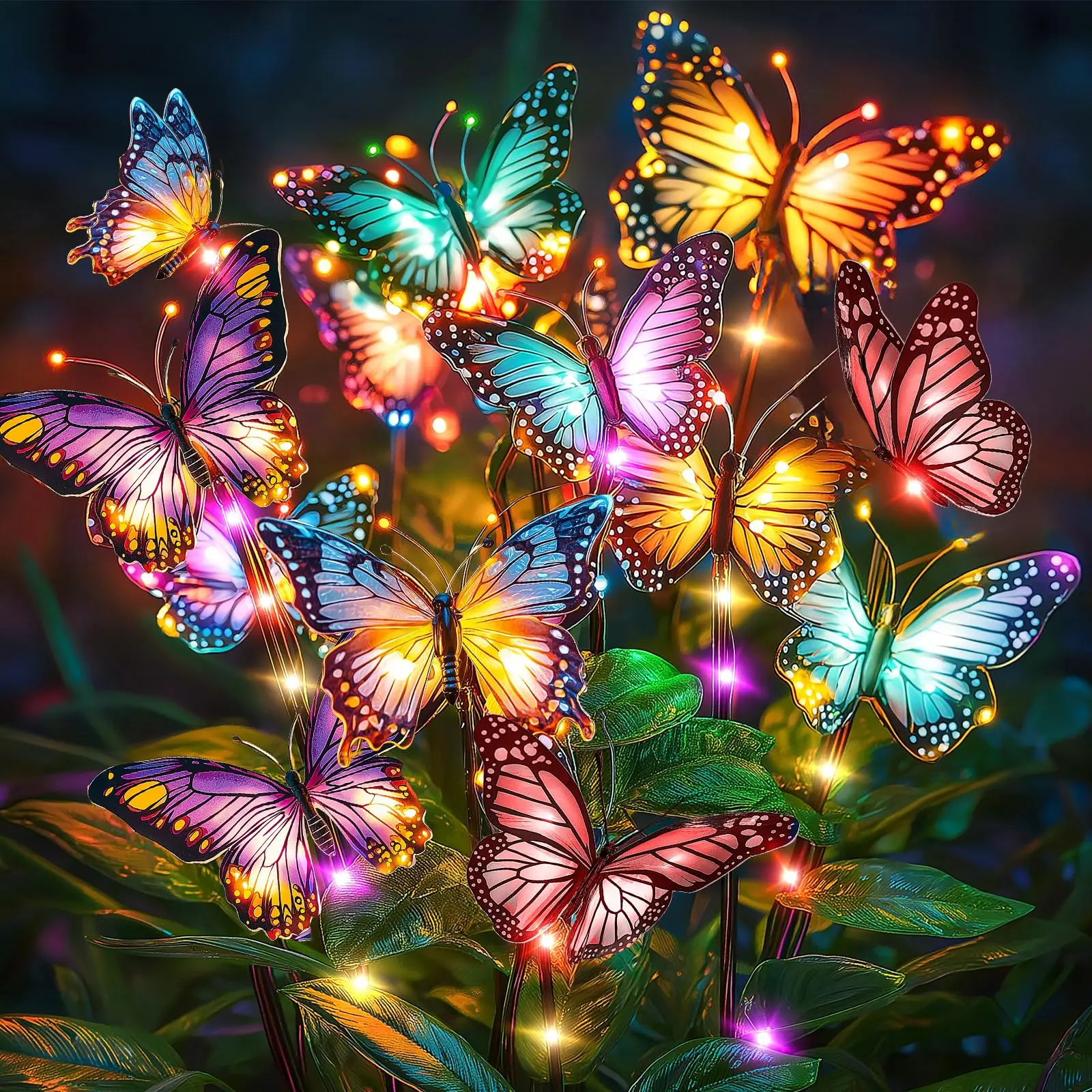 Outdoor Solar Butterfly Garden Decor Lights - 2/4/8-Pack with 34/68/136 Fabric Silk Butterflies, 44 Color-Changing LEDs, Auto On/Off 12H Lighting, IP65 Waterproof for Yd, Patio - Ideal Gardening Gifts for Mom, Grandma, Friends solar outdoor lights, Family