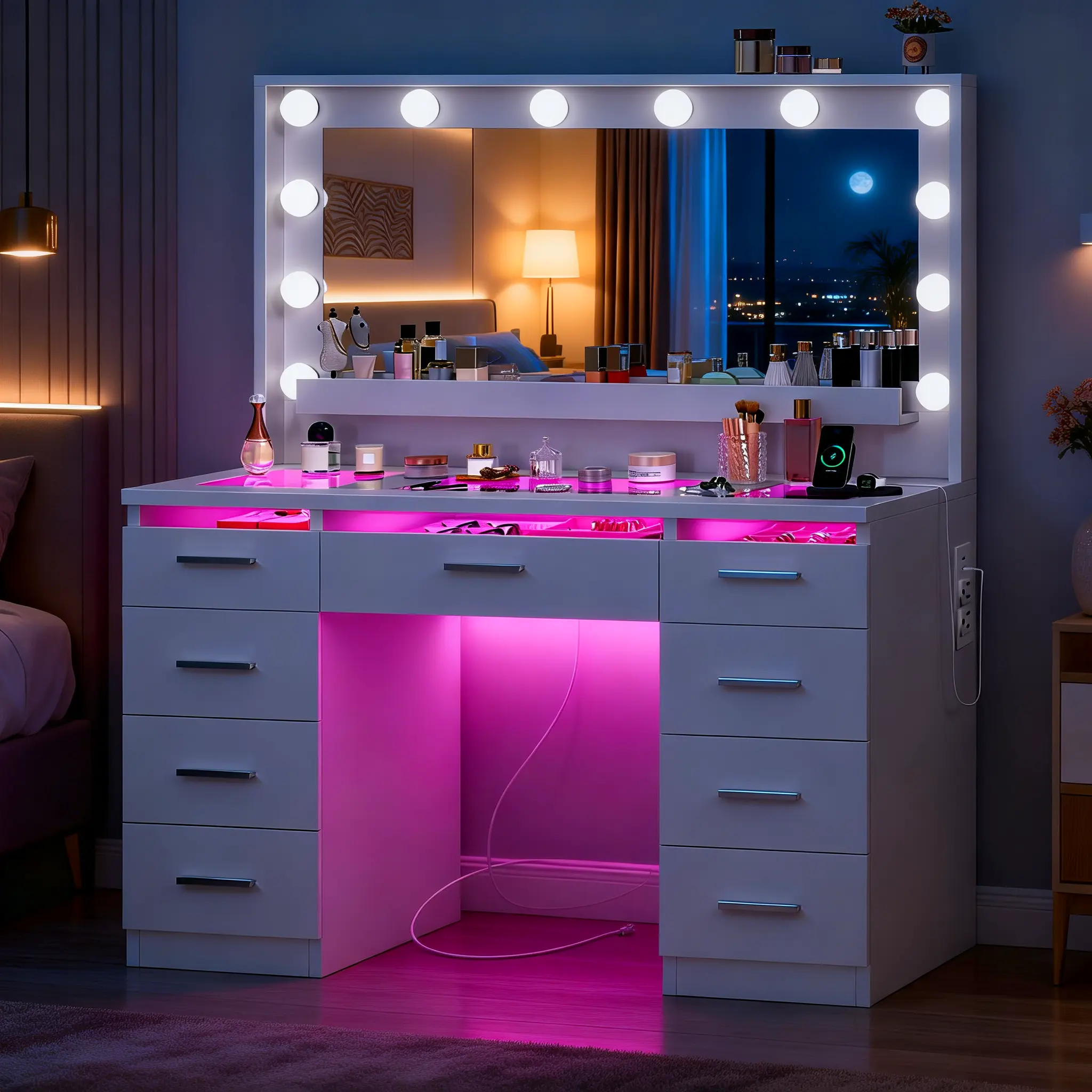 Women's Makeup Vanity Desk with Mirror, RGB Lights, 9 Drawers, Glass Tabletop & Charging Station, 3 Lighting Modes for Bedroom Vanity Desk