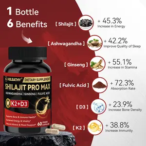 HIILEATHY Premium Shilajit Pro Max - 60 Capsules - Enhanced with K2 + D3 - Packed with 84+ Minerals & Fulvic Acid