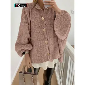 Valentine's Day Vintage Sweater Cardigan for Women, Fall Winter Casual Knit Outerwear, Heart Button Design, Loose Round Neck, Elegant Style