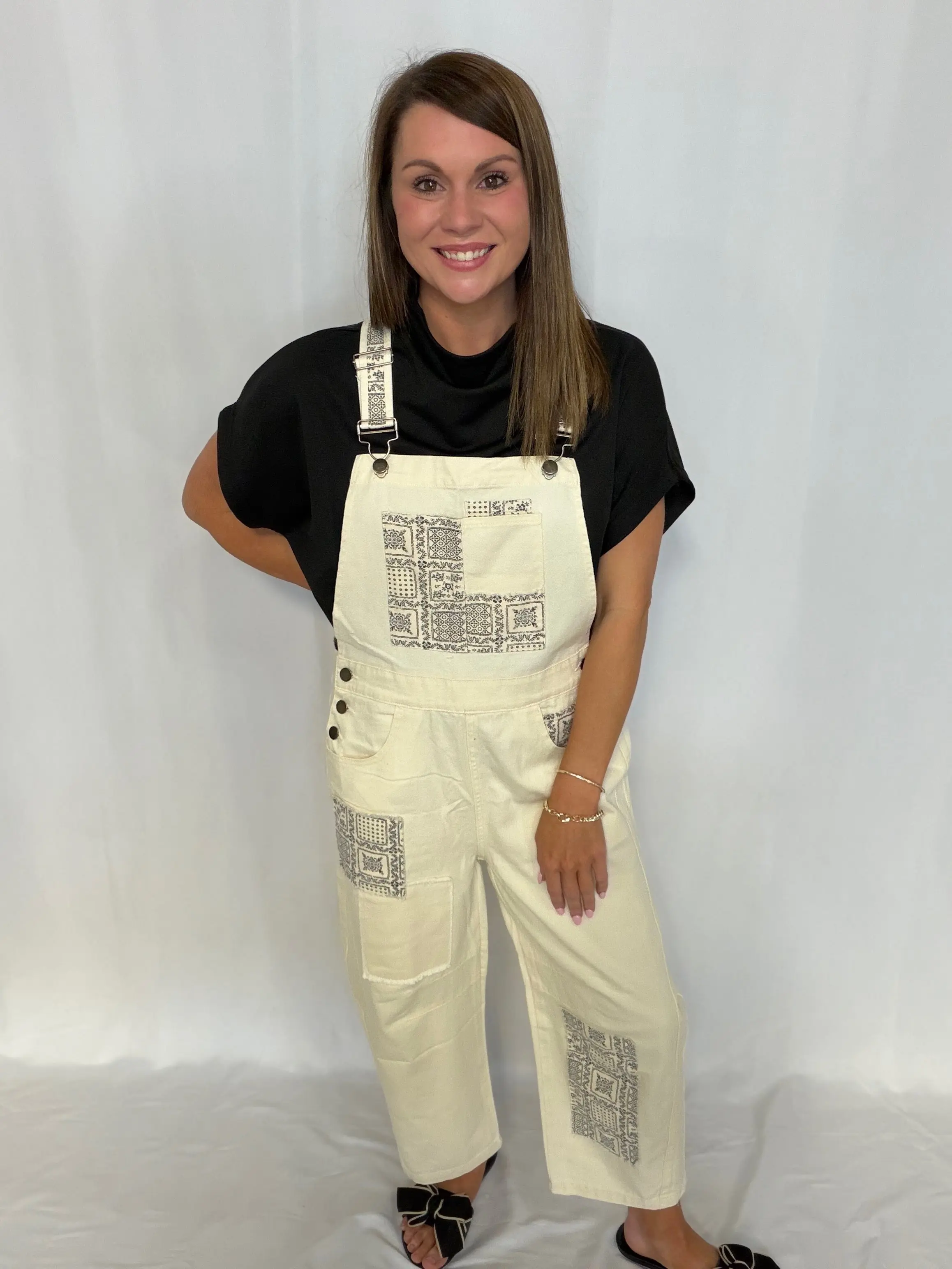 Cream Patchwork Barrel Overalls