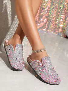 Women's Fashionable Glitter Slides, Casual Comfortable Flat Sandals for Beach, Summer Multi-colored Crystal Gemstone Diamond Beach Outdoor Vacation Slippers, Footwear