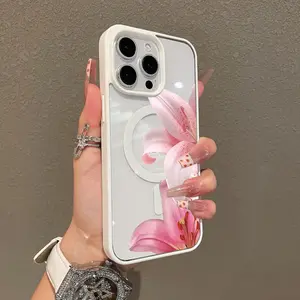 Magnetic Compatible Case for iPhone 17 16 E Pro Max 15 Plus 14 13 12 11 XS XR, Pink Lilies Aesthetic Print | Shockproof, Silicone, Lightweight, Scratch Resistant, and Trendy Protection