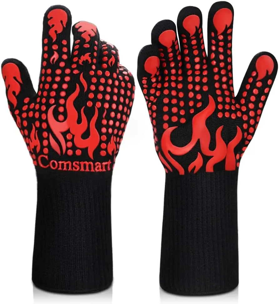 BBQ Gloves, 1472 Degree F Heat Resistant Grilling Gloves Silicone Non-Slip Oven Gloves Long Kitchen Gloves for Barbecue, Cooking, Baking, Cutting