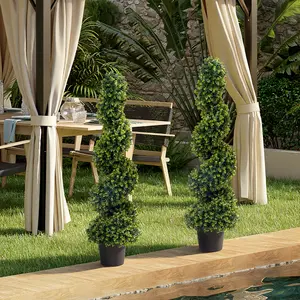 2Pcs 4FT Artificial Eucalyptus Spiral Topiary Tree, Iron Stem + Plastic Pot + PE Leaves, Faux Plant for Garden Porch Indoor Outdoor Flower Pot Decoration