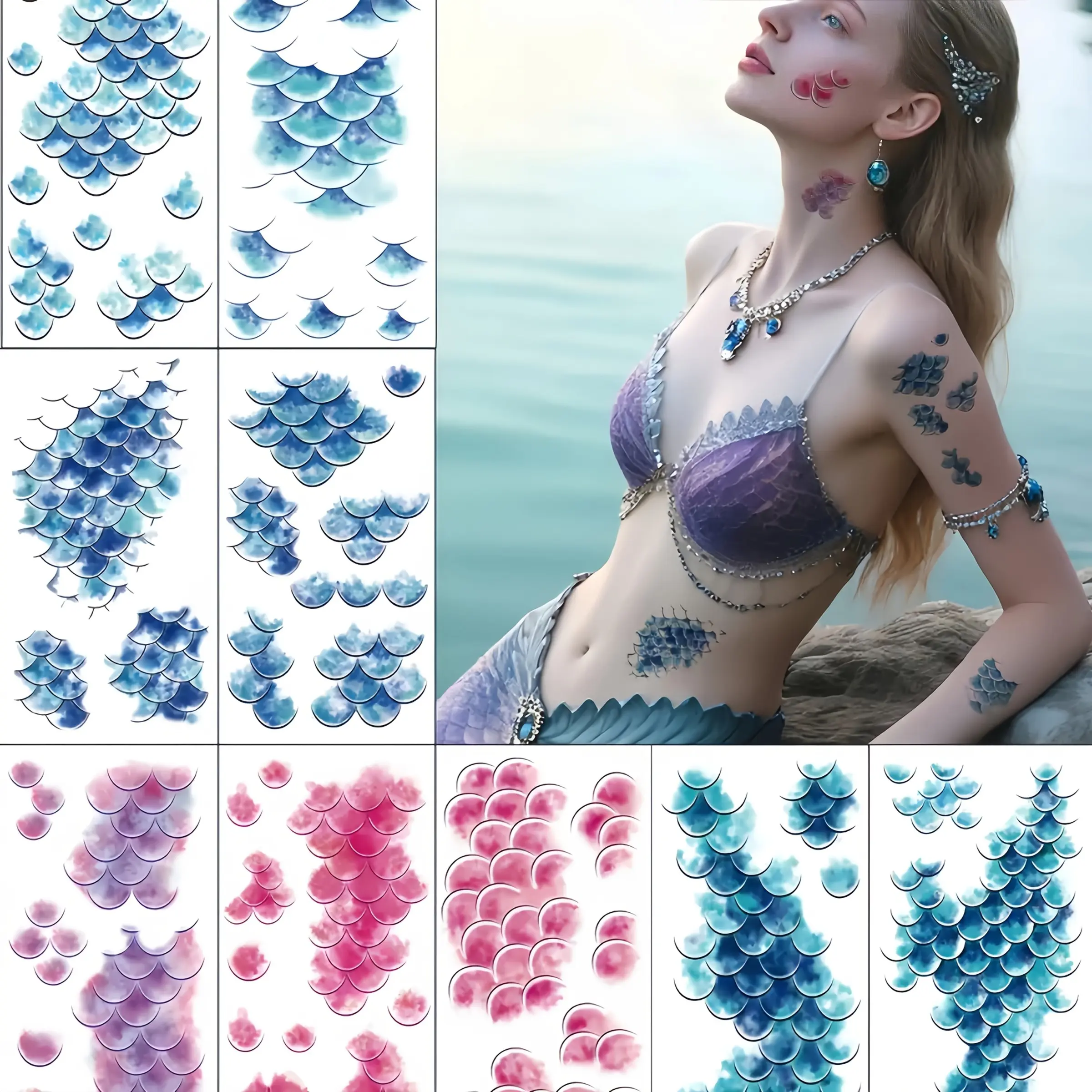 10pcs Colorful Fish Scale Tattoo Stickers, Realistic Scales, Mermaid Party Supplies, Summer Beach Party Makeup Kit, Fairy Tale Theme, Temporary Tattoo Stickers, Fake Tattoos