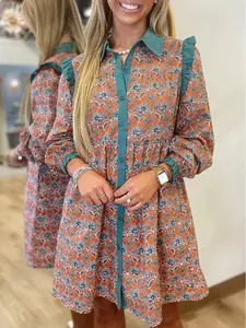 Orange Boho Floral Contrast Collared Shirt Mini Dress, Lightweight Fabric Provides Easy Movement and Spring Summer-Weather Comfort.