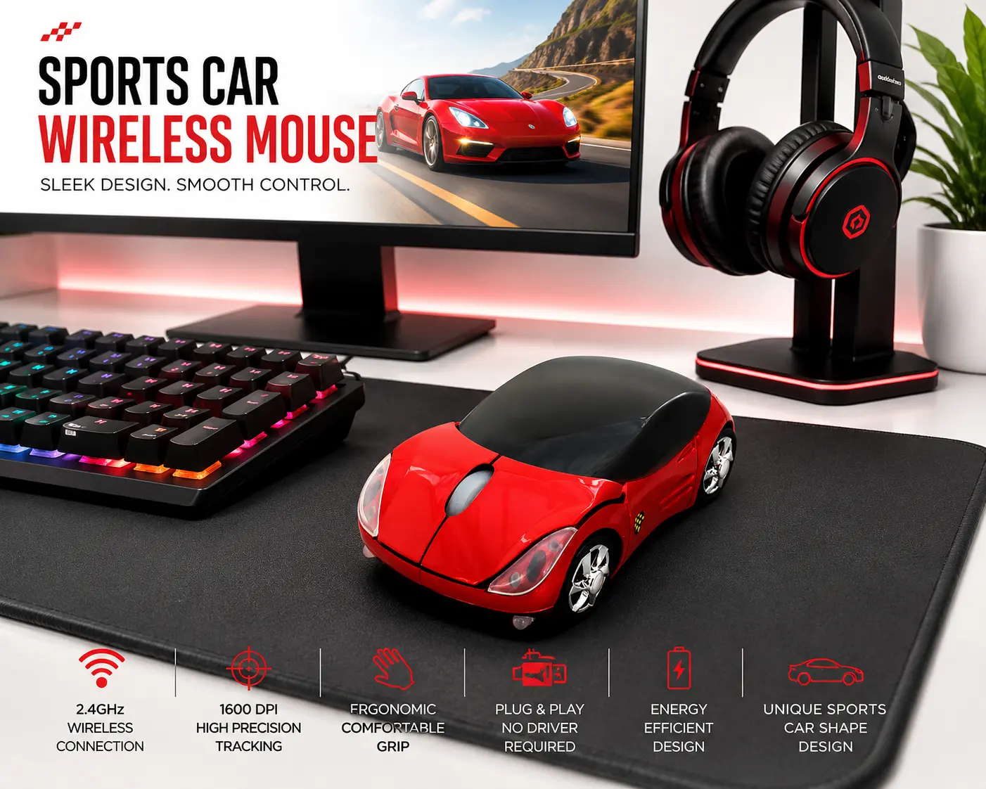 Sports Car Wireless Optical Mouse – 2.4GHz USB Computer Mouse | Ergonomic Plug & Play for Laptop & PC
