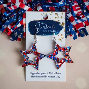 Americana Hex Glitter Cutout Star Dangle Earrings