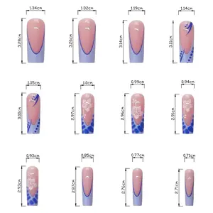 Flower Pattern Colorblock Fake Nails with 1Count Nail File& 1 Sheet Tape Removable Long Square False Press on Nails for Women Diy Nail Art