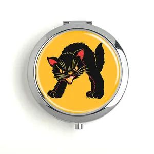 Vintage Fraidy Black Cat Pill Box Travel Pill Box Vitamin Storage Box Metal Makeup Mirror with Unique Design 70mm Diameter