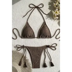 Solid Color Braided String Bikini Set