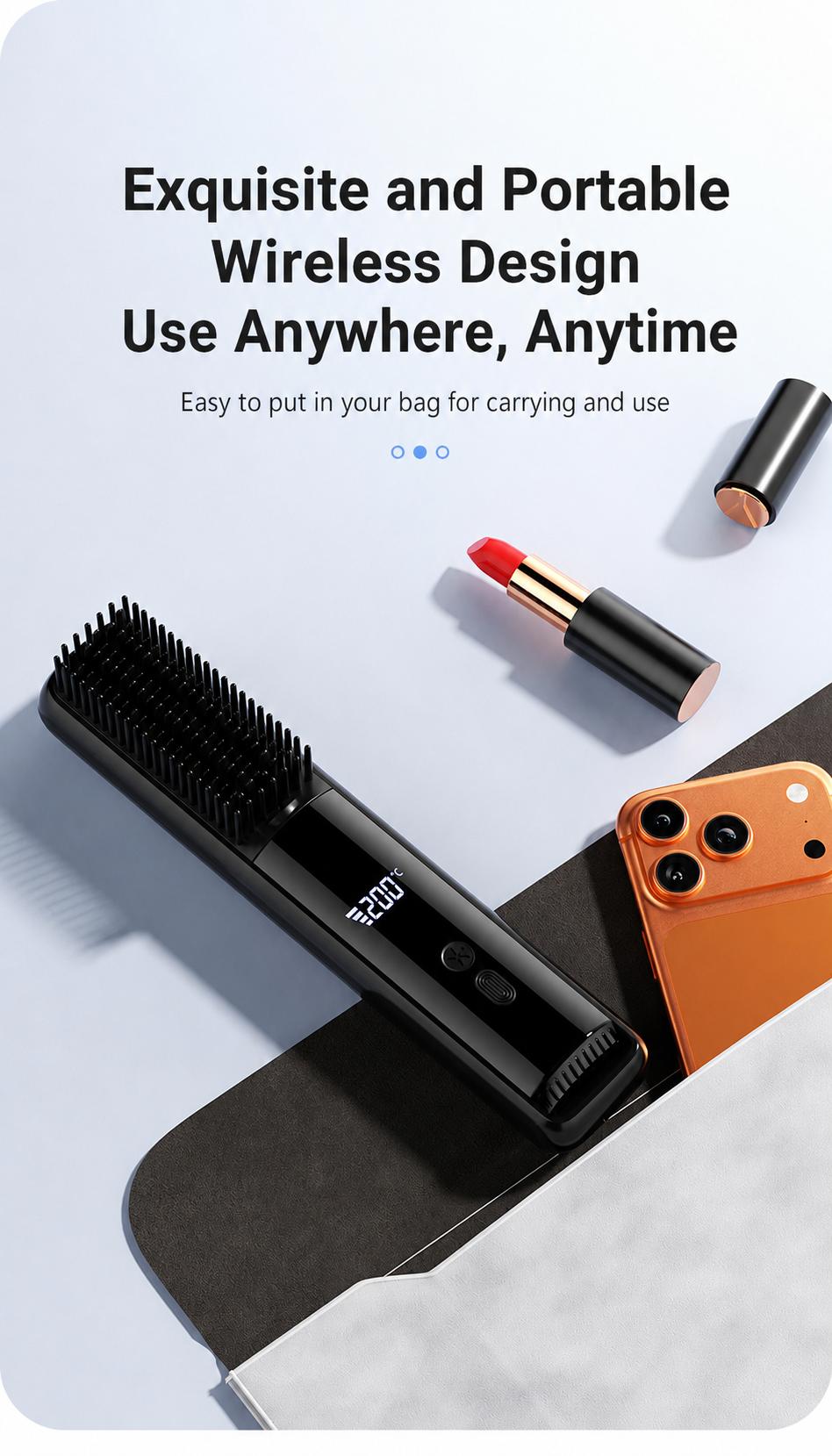 Lightweight Hair Straightener Brush with MCH Rapid Heating, 3 Temp Levels & Cool Air Styling, Fast Charging Travel Ready Hair Tools with Digital Display, Adjustable, Cordless, Anti-Frizz, Dual Voltage, Smooth, Straightening Curly Hair