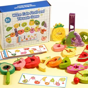 Monterssori Baby DIY Wooden Toys Cartoon Fruit Animal Stringing Threading Wooden Beads Educational Toys for Kids Christmas Gift