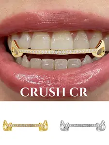 CRUSH CR 1pc 18K Gold Plated Copper Iced Out Bar Top Grillz – Full CZ Stone Row Hip-Hop Teeth Jewelry, Tooth Gems for Black Women & Men. Perfect for Parties, Halloween, Raves, Streetwear, Cosplay, Gifts (Includes Size Chart,Purchase Carefully)