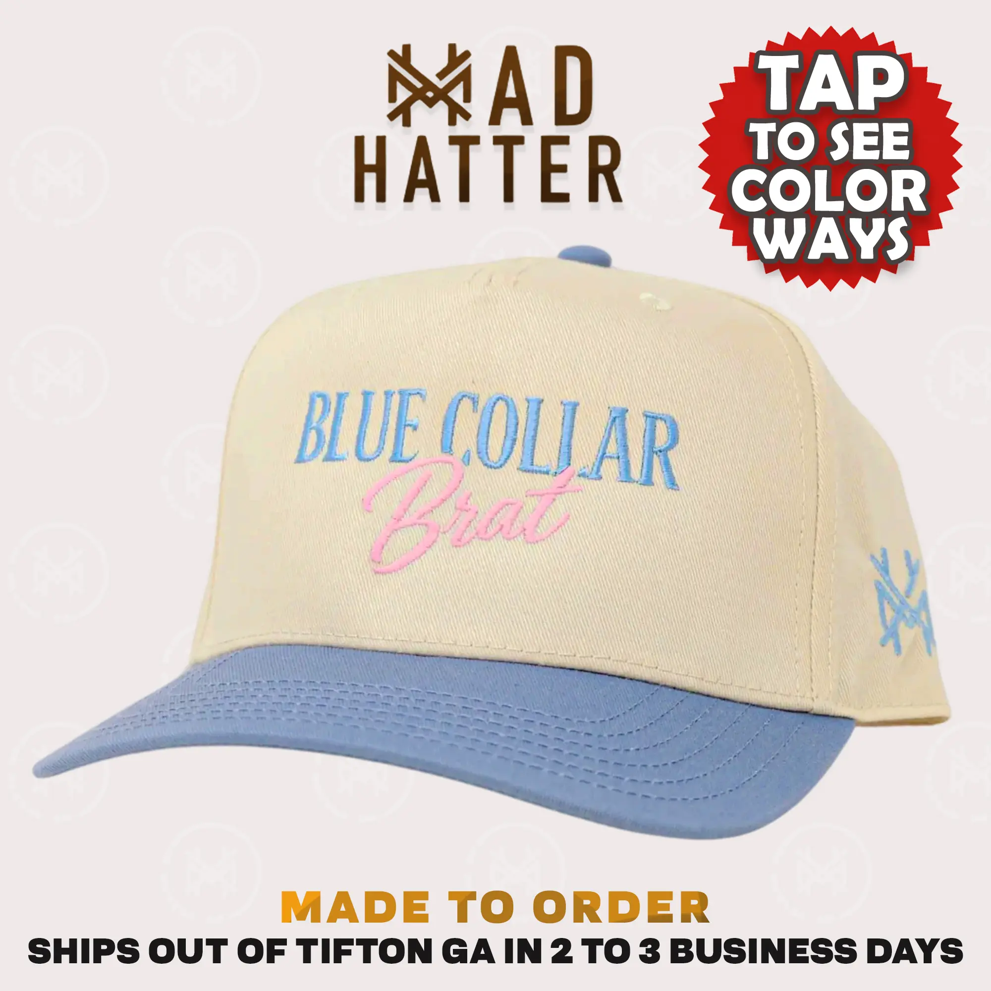 Blue Collar Brat Embroidered Trucker Hat Bold Graphic Adjustable Snapback
