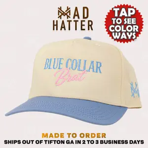 Blue Collar Brat Embroidered Trucker Hat Bold Graphic Adjustable Snapback