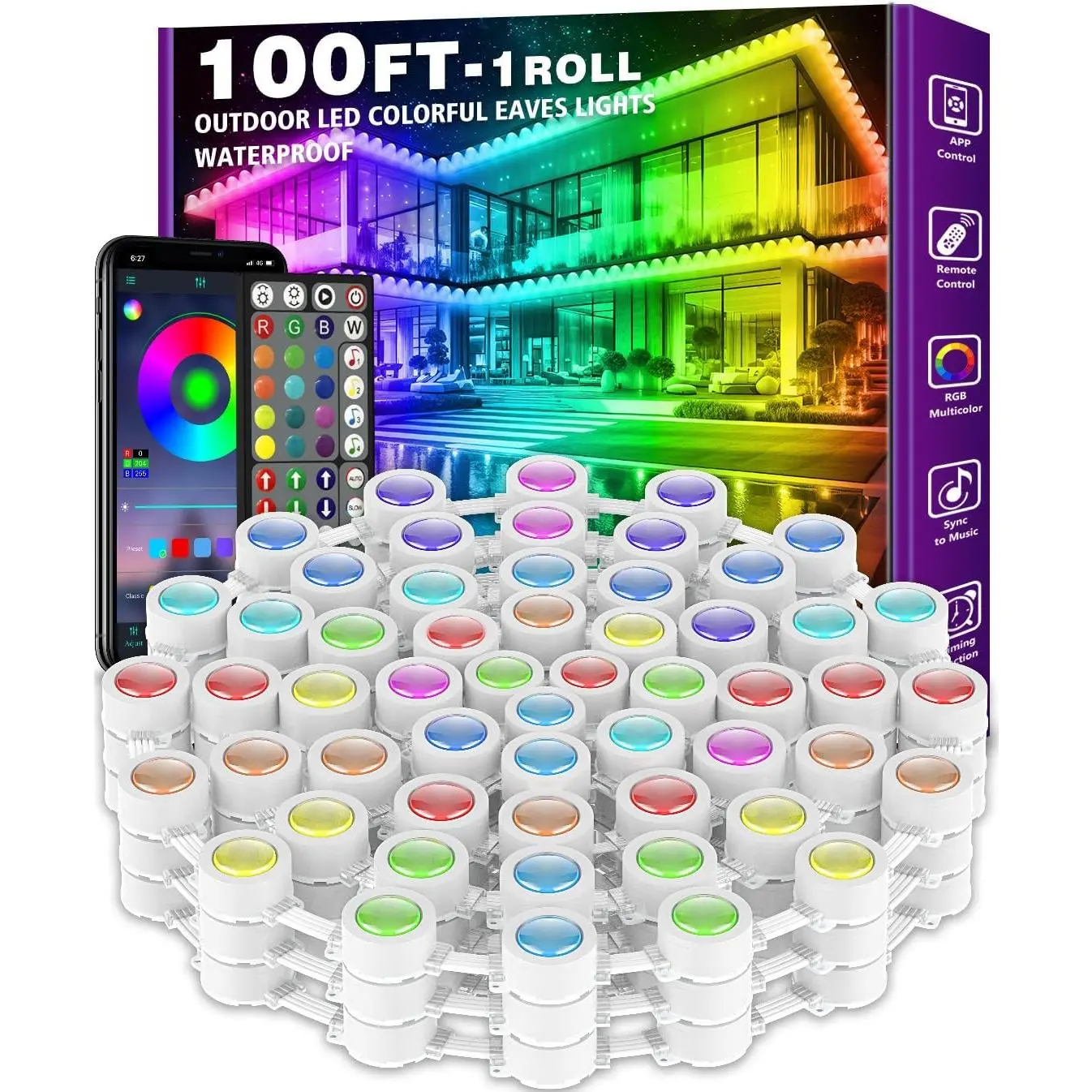 Permanent Outdoor RGB Lights - IP67 Waterproof with Smart App Control Remote, DIY Scene Modes, Music Synchronization, Eaves Lights for Garden Decor, Deck, Christmas, Party, Party, Halloween,Roof