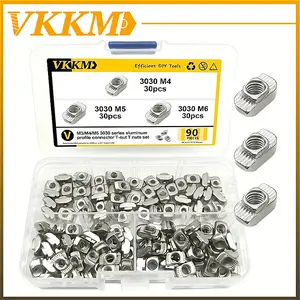 VKKM 90Pcs 3030 Series T Slot Drop-in T-Nuts Kit, M4/M5/M6 Nickel Plated Spring Loaded Sliding Nuts for 3030 Aluminum Extrusion Frame Assembly