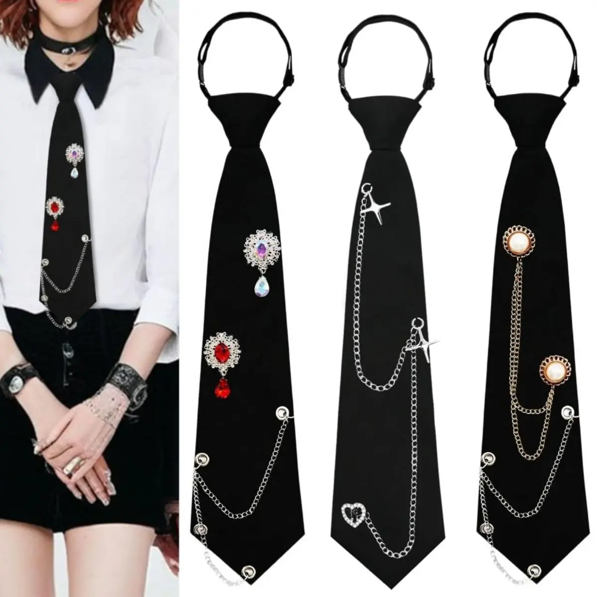3 Packs Ties for Women Men, Metal Chain Necktie Pre-Tied Adjustable Black Tie for Uniform, School, Shirt Accessories