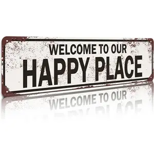 Welcome to Our Happy Place Metal Sign, 16x4 Inch Aluminum Wall Decor, Vintage Rustic Farmhouse Style for Home, Living Room, Entryway