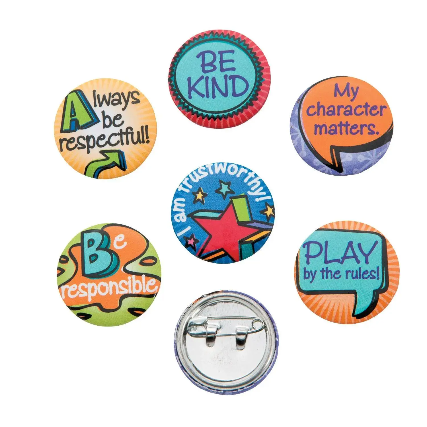 Multicolor Metal Buttons (approx. 1", 48-Pc. Bulk) - Good Character Traits Design for Birthday Celebrations, Classroom Activities, Fundraising, Encouragement