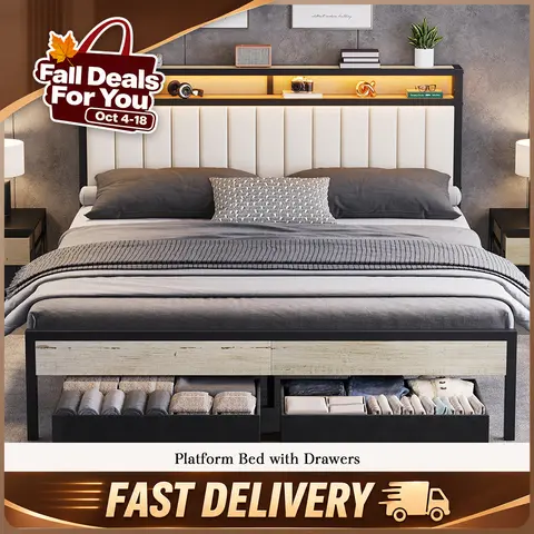 VanAcc LED Bed Frame with Storage Headboard, 2-Drawer or No-Drawer Option, Velvet Upholstered Metal Platform Bed, Heavy-Duty Slats, No Box Spring, Easy Assembly #TikTokShopFallDealsForYou