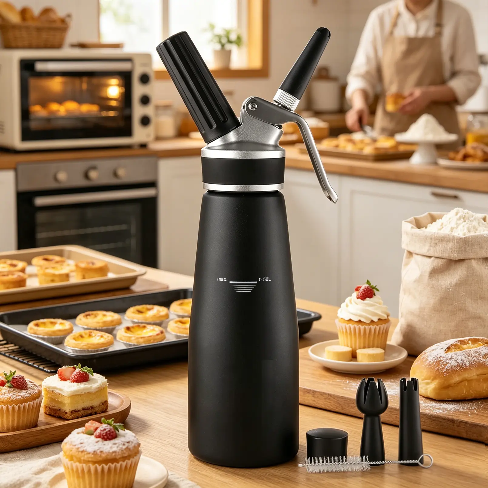 SIVAPHE 500mL Aluminum Manual Whipped Cream Dispenser - Durable Kitchen Bakeware Decorating Tool for Family Home Cooking, Desserts, Sauces