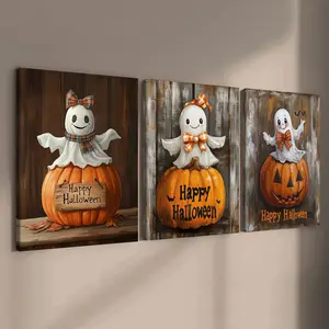 Happy Halloween Ghost & Pumpkin Poster, Halloween Poster Decoration, Horror Theme, 3 Counts Modern Art Wall Decoration, Home Decoration Poster, Office, Living Room, Bedroom Wall Decor