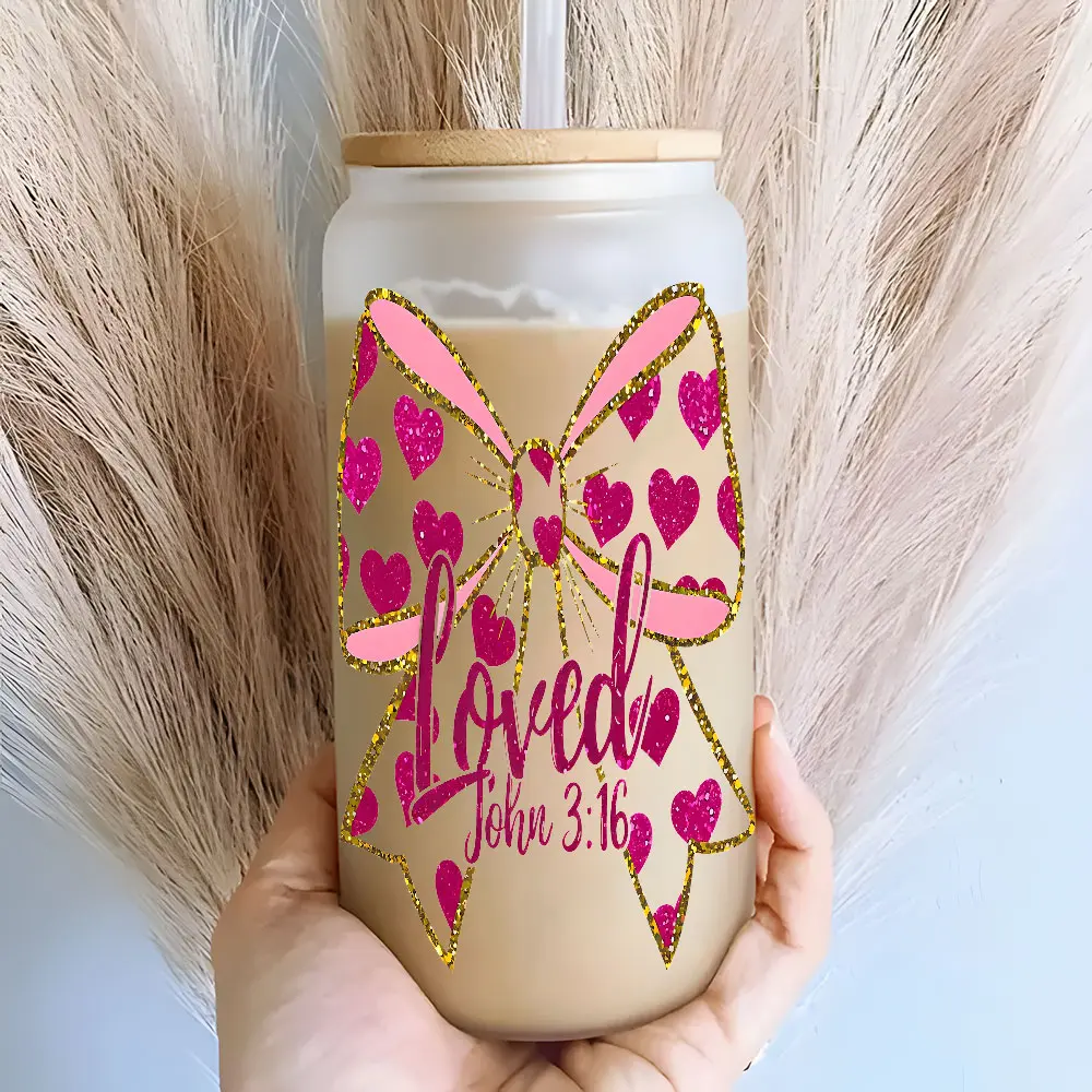Pink bow Loved John 3:16 Themed 16oz Glass Can Cup with Lid and Straw, Reusable Glass Drinking Cup, High-Quality Glass Jar for Iced Coffee, Hot Chocolate, Festive Fashionable Glassware, Perfect Gift for Faith Enthusiasts, Family and Friends
