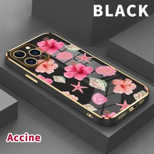Case for iPhone 15 Pro Max 16 14 Plus 13 12 11 X XS Max XR Tropical Floral Seashells Luxury Golden Edge Elecroplated TPU Camera Lens Protection Mobile Phone Cover Gift for