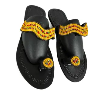 African Maasai Beaded Leather Sandals Size 7.5 Mustard Single Toe Handmade with Colorful Beads and Circular Decor