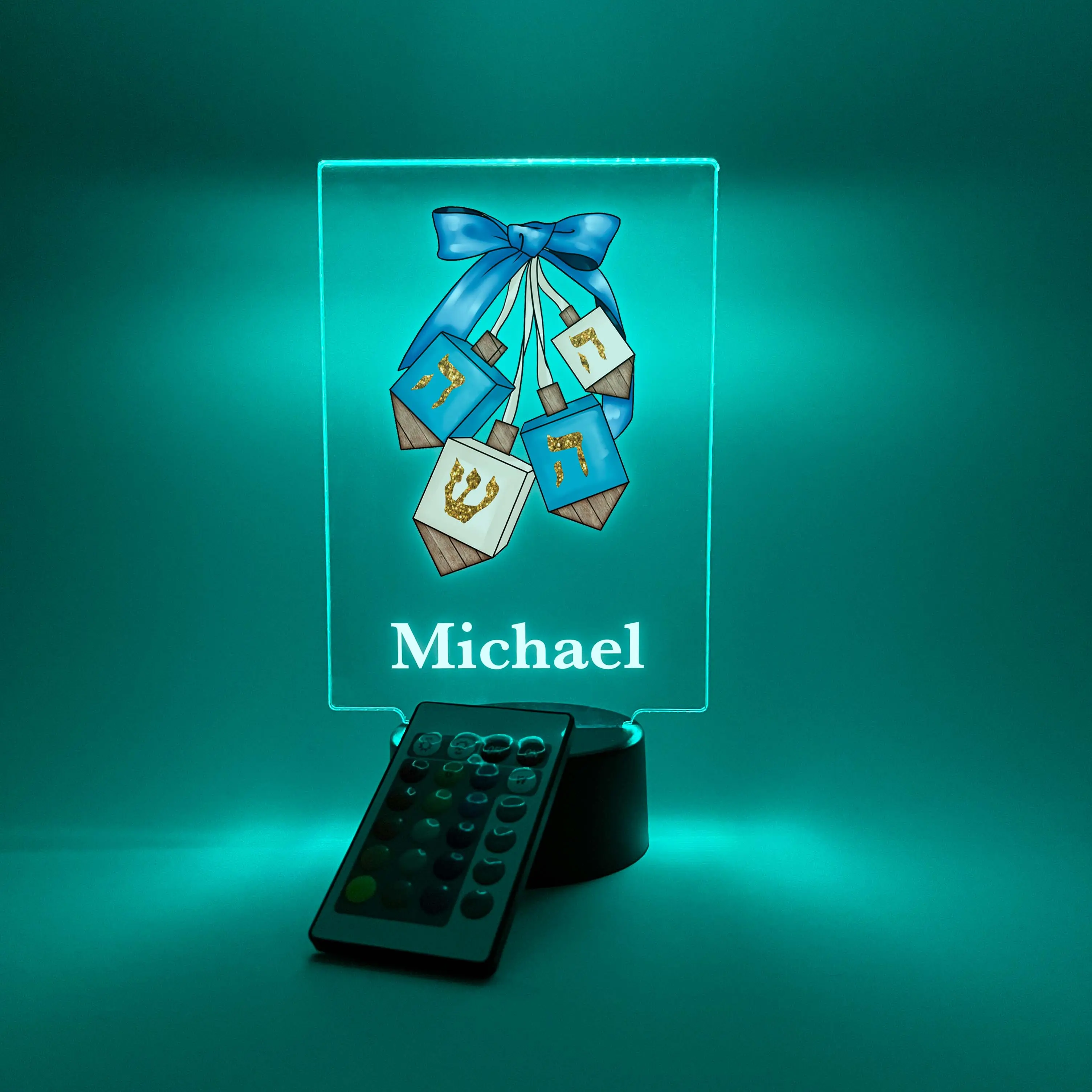 Custom Dreidel Judaica Home Design Night Light Up Table LED Lamp - Personalized Engraved Picture Display with Elegant Soft Light - Decor, Colorful