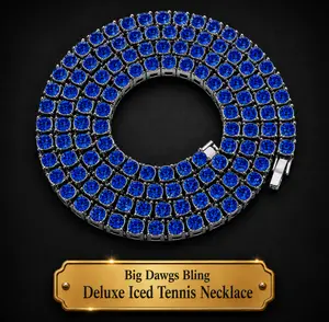 Silver Iced CZ Row Tennis Baseball Chain Necklace Blue