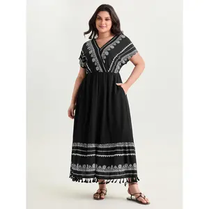 BLOOMCHIC Women's Plus Size Boho Geometric Print V-Neck Batwing/Short Sleeve Maxi Dress Swimweek
