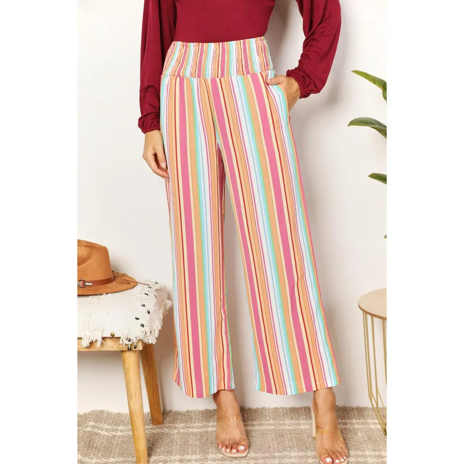Double Take Striped Smocked Waist Pants with Pockets