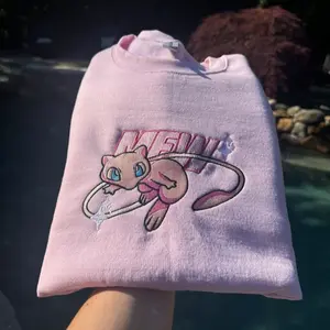 Mew Embroidered Sweater, Personal Anime Gift Hoodie, 90s Monster Stitched T-shirt, Pop Culture Aesthetic Crewneck