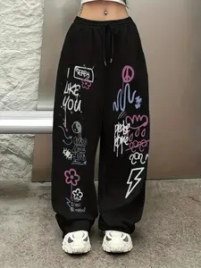 Women's Graffiti Print Drawstring Joggers, Casual Loose-Fit Sweatpants, 100% Polyester, All Seasons Wear