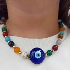 1PC Women Teens Evil Eye Chakra Beaded Choker Necklace, Multicolor Natural Stone with Glass Evil Eye Pendant, Boho Spiritual Healing Jewelry for Yoga Beach Festival, Ideal Birthday Mother's Day Gift boujee gifts for women