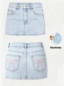 Y2K Bow Embroidered Light Wash Denim Skirt, Casual Summer Short Skirt, Natural Waist, Button Closure, Perfect for Daily Outing and Parties, Elastic, Womenswear