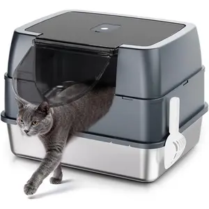 Stainless Steel  Litter Box with Lid - Enclosed & Covered High-Sided Kitty Litter Box, Large or Small, Metal Litter Pan for Cats and Kittens, Odor Control, Easy Cleaning