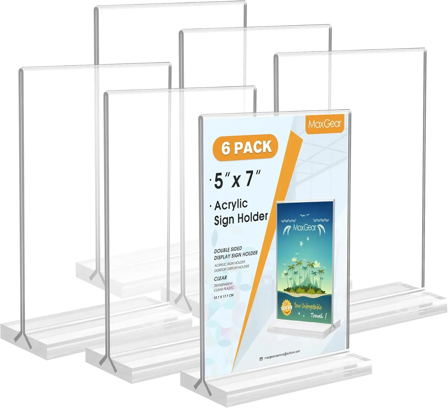 MaxGear 5x7 Lightweight Acrylic Sign Holders (6 Pack) – Clear Pedestal Table Display Stand, Double-Sided Flyer Menu Photo Plastic Paper Holder for Offices, Restaurants