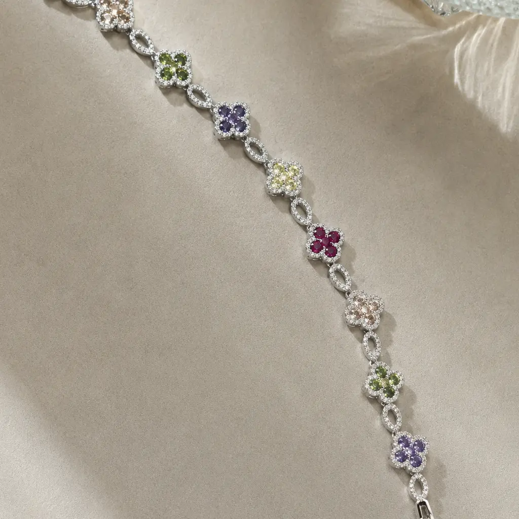 Silver-Tone 6A CZ Multi-Color Floral Bracelet, Eye-Catching Color Pop, Icy Fire Sparkle