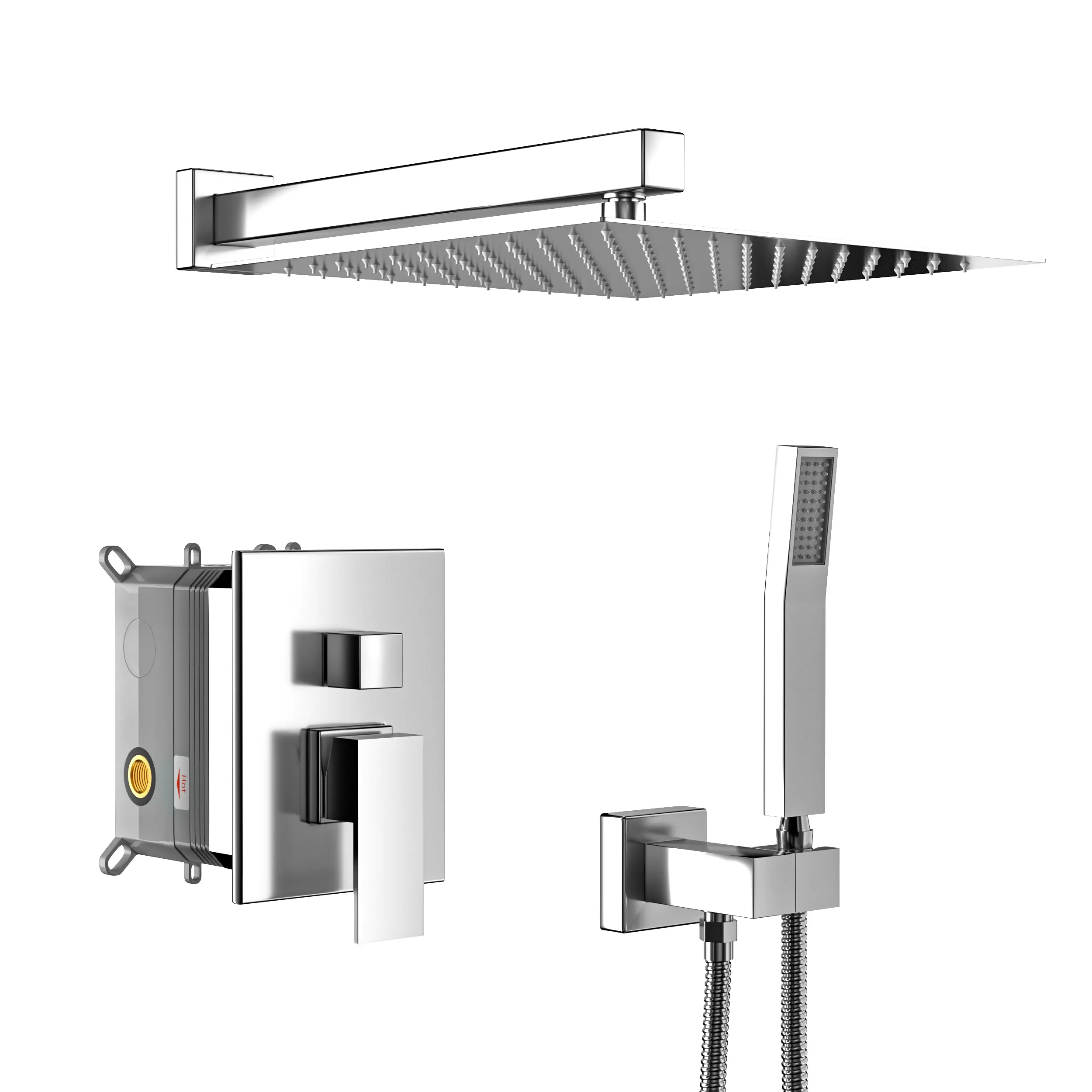 Chrome Adjustable Dual Shower Heads Set, 10-in Wall-Mount Square ABS Rain Shower System with Brass, Stainless Steel Components, Pre-Piped Kit, Pressure Balance Rough-In Valve, Silicone Features, Max 1.8 GPM Flow Rate, 10 Inch, 360° Adjustability