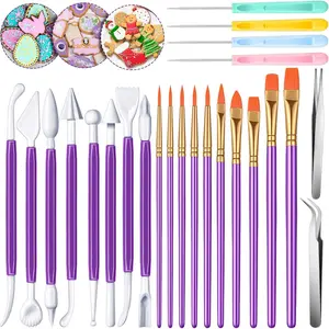 24 Pieces Cookie Decorating Fondant Cake Decorating Tool Set Include Brushes Sugar Stir Needle Fondant Modeling Tool Elbow and Straight Tweezer(Purple) Bakeware Plastic Desserts Handmade