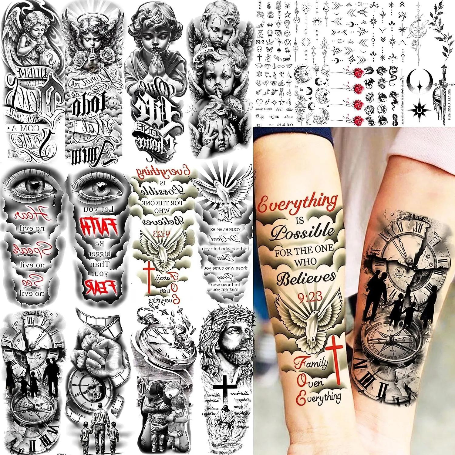 24 Sheets Jesus Temporary Tattoos For Men Women Family Themed Engraved Tattoo Sticker, Fake Tattoos For Adults Religious Faith Tattoos 3D Forearm Tattoo Sleeve