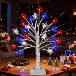24 Red White and Blue LED Star Lights USB Battery Powered Artificial Tree with Daytime Illumination for Home Dining Table Party Decoration Lighting Tree